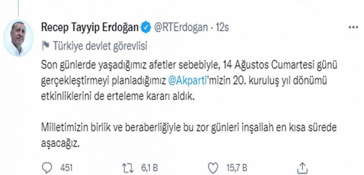 AK PARTİ KURULUŞ YILDÖNÜMÜ TÖRENİ İPTAL EDİLDİ